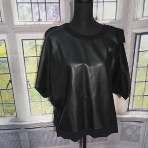 DKNY Black Faux Leather Short Sleeve Sweatshirt